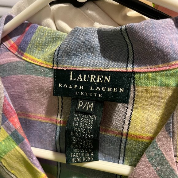 vintage 90s top Ralph Lauren linen pastel plaid button up shirt blouse M - Picture 7 of 7